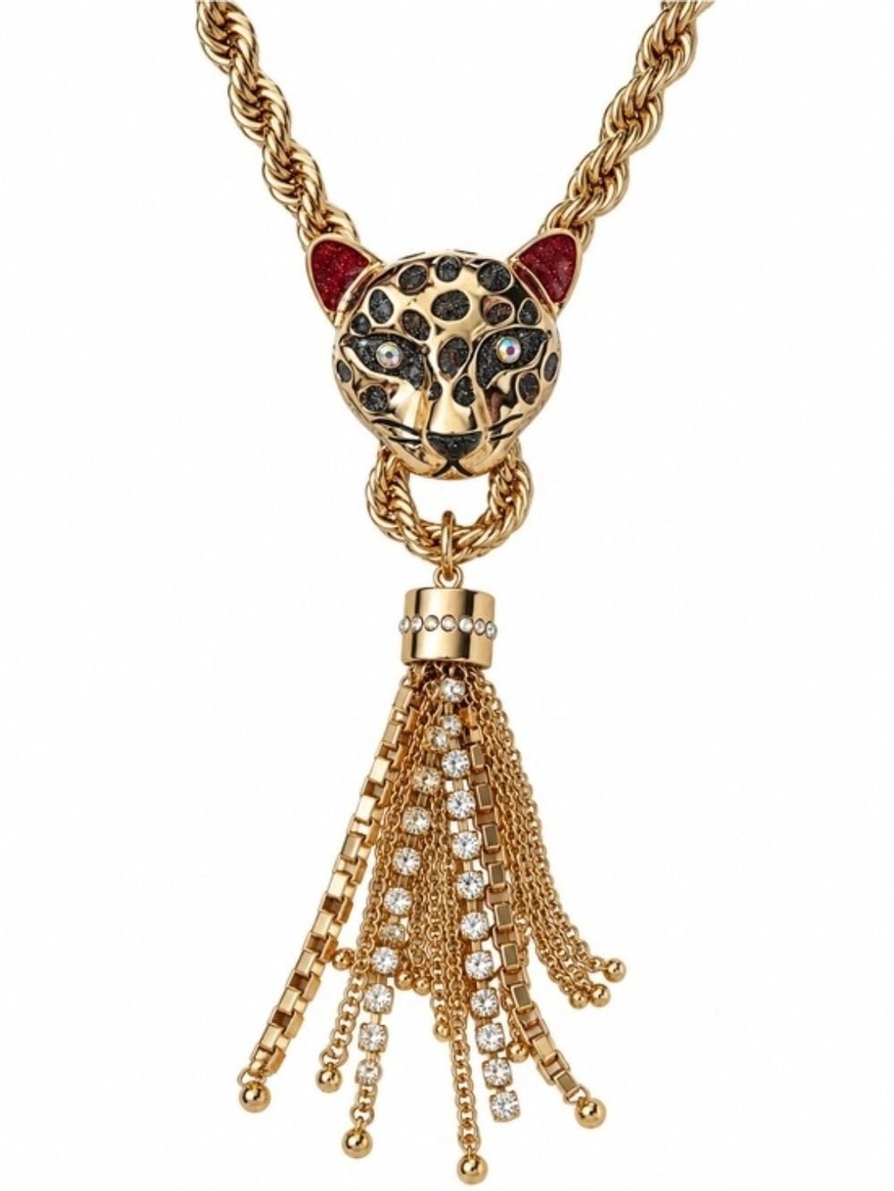 💛▪️Betsey Johnson ▪️Gold Leopard Tassel Necklace with Red Ear Accents